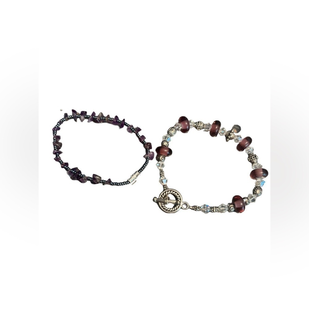 Purple Beaded Bracelet Set Amethyst Chip Stone Glass Crystal Toggle Barrel Clasp